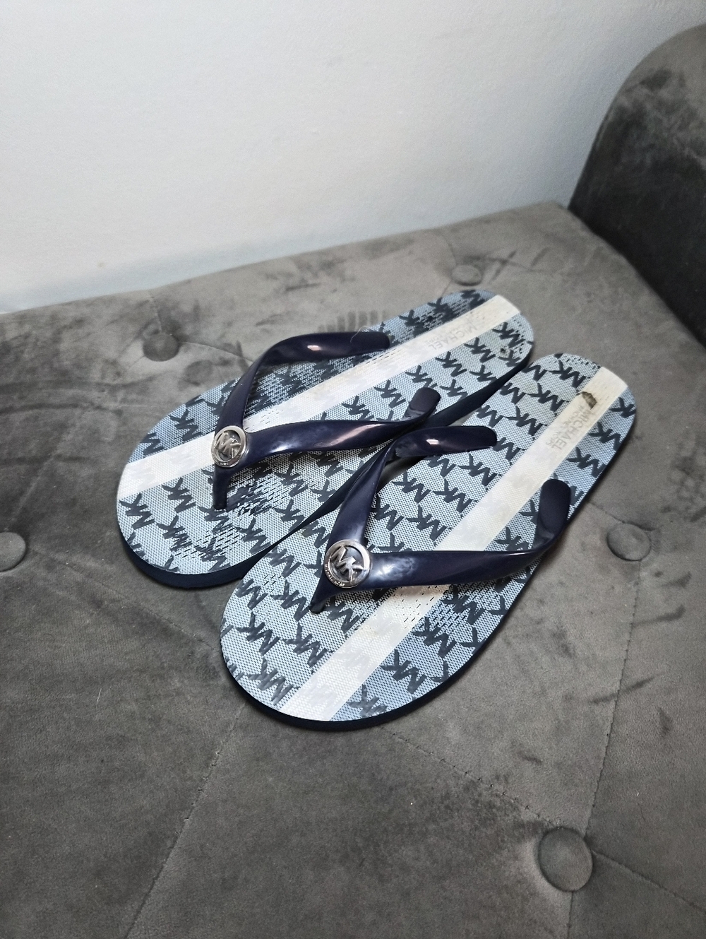 Michael Kors Navy & Light Gray MK Logo Thong Sandals